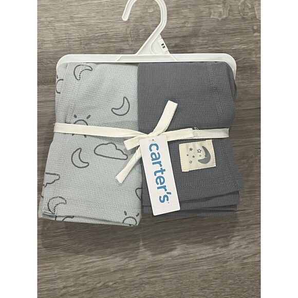 CARTER'S Thermal Baby Blanket Set Blue Moon And Sky Soft Cotton 2 Piece New - Picture 2 of 6